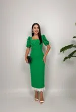 3005 İNCİ DETAYLI ELBİSE - YEŞİL