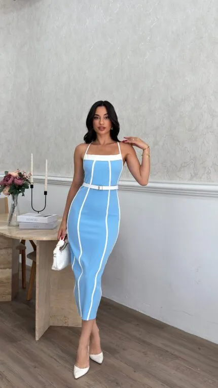 3018 BİYE DETAYLI ELBİSE - BEBE MAVİ