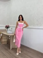 3018 BİYE DETAYLI ELBİSE - PEMBE