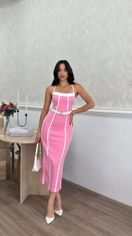 3018 BİYE DETAYLI ELBİSE - PEMBE