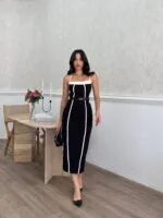 3018 BİYE DETAYLI ELBİSE - SİYAH