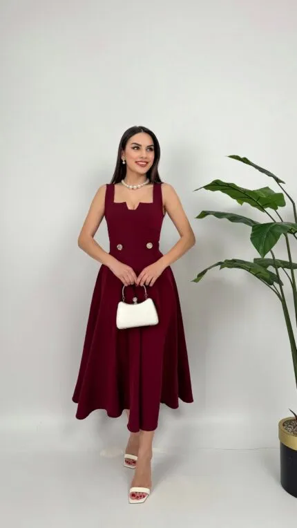 3023 KEMERİ DÜĞMELİ ELBİSE - BORDO