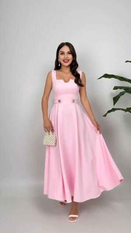 3023 KEMERİ DÜĞMELİ ELBİSE - PEMBE