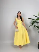 3023 KEMERİ DÜĞMELİ ELBİSE - SARI