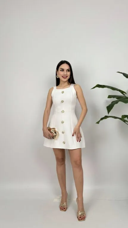 3024 DÜĞMELİ MİNİ ELBİSE - BEYAZ