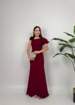 3025 OMUZ FIRFIRLI GÜLLÜ ELBİSE - BORDO