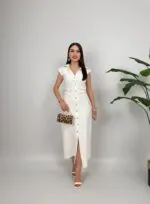 3026 ÖNDEN DÜĞMELİ ELBİSE - BEYAZ