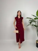 3026 ÖNDEN DÜĞMELİ ELBİSE - BORDO