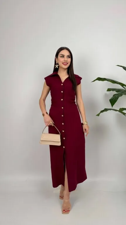 3026 ÖNDEN DÜĞMELİ ELBİSE - BORDO