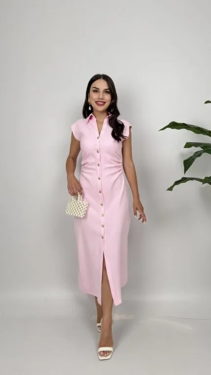 3026 ÖNDEN DÜĞMELİ ELBİSE - PEMBE