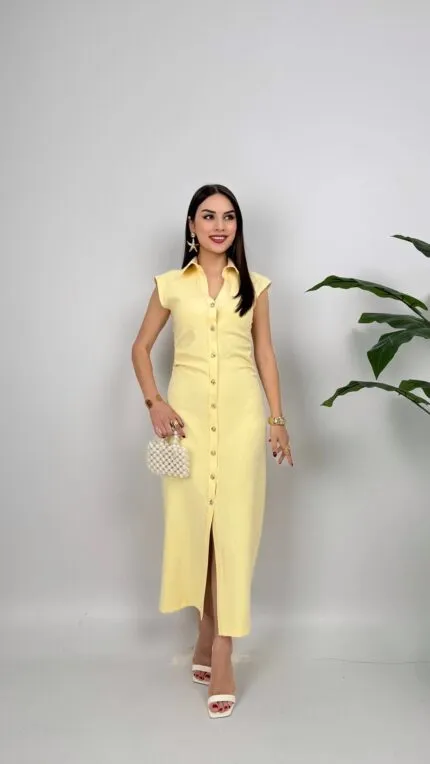 3026 ÖNDEN DÜĞMELİ ELBİSE - SARI
