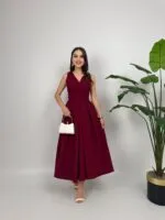 3031 KOLSUZ ÖNDEN DÜĞMELİ ELBİSE - BORDO