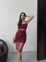 3037 ÇİÇEKLİ TÜL ELBİSE - BORDO