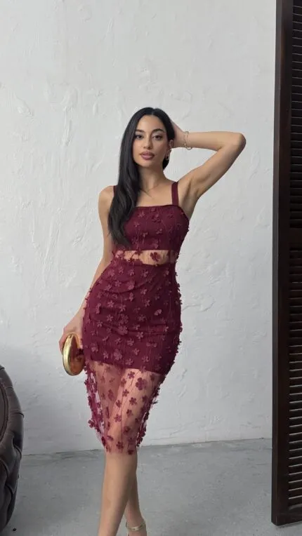 3037 ÇİÇEKLİ TÜL  ELBİSE - BORDO