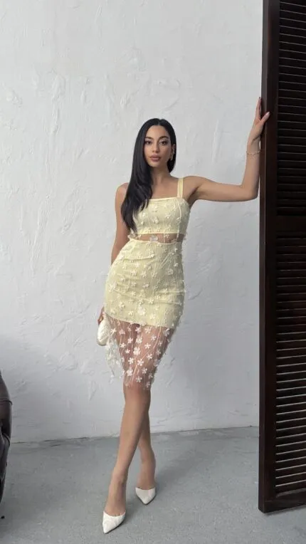 3037 ÇİÇEKLİ TÜL  ELBİSE - SARI