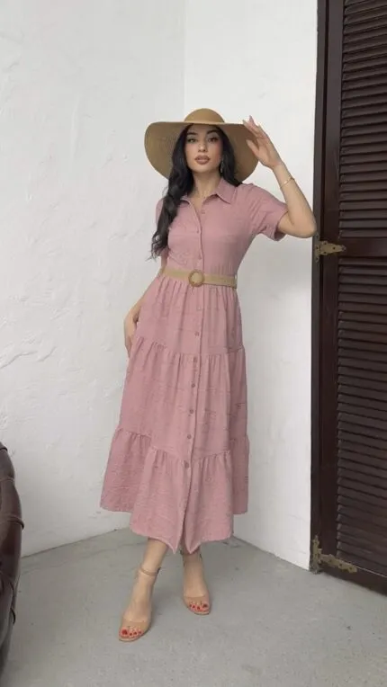 3043 KEMERLİ ELBİSE - PEMBE