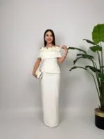 3044 KAYIK YAKA GÜLLÜ ELBİSE - BEYAZ