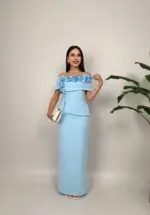 3044 KAYIK YAKA GÜLLÜ ELBİSE - MAVİ