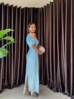 3052 OMUZ DEKOLTELİ ELBİSE - MAVİ