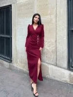 3057 V YAKA AKSESUARLI ELBİSE - BORDO