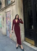 3058 ÖNÜ PİLELİ ELBİSE - BORDO