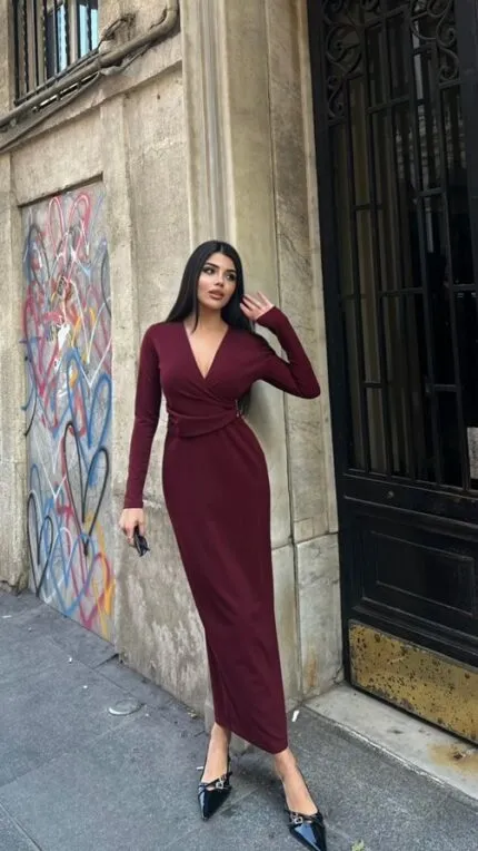 3058 ÖNÜ PİLELİ ELBİSE - BORDO