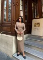 3058 ÖNÜ PİLELİ ELBİSE - VİZON