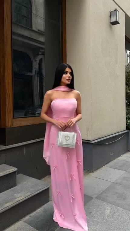 3060 SATEN KURDELELİ ELBİSE - PEMBE
