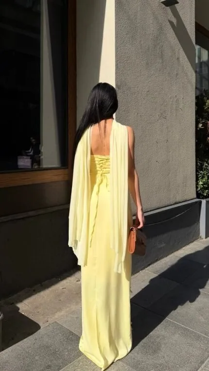 3060 SATEN KURDELELİ ELBİSE - SARI