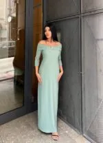 3061 AKSESURALI KAYIK YAKA ELBİSE - KIRMIZI