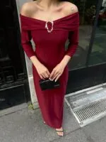 3061 AKSESURALI KAYIK YAKA ELBİSE - BORDO