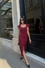 3067 FİYONKLU DÜĞMELİ ELBİSE - BORDO
