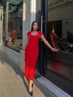 3067 FİYONKLU DÜĞMELİ ELBİSE - KIRMIZI
