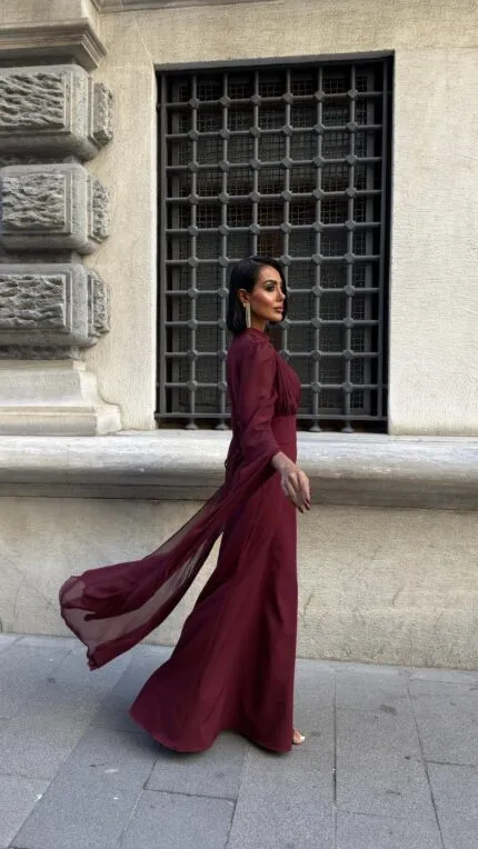 3095 KOLLARI ŞİFON ELBİSE - BORDO