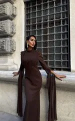 3095 KOLLARI ŞİFON ELBİSE - KAHVE