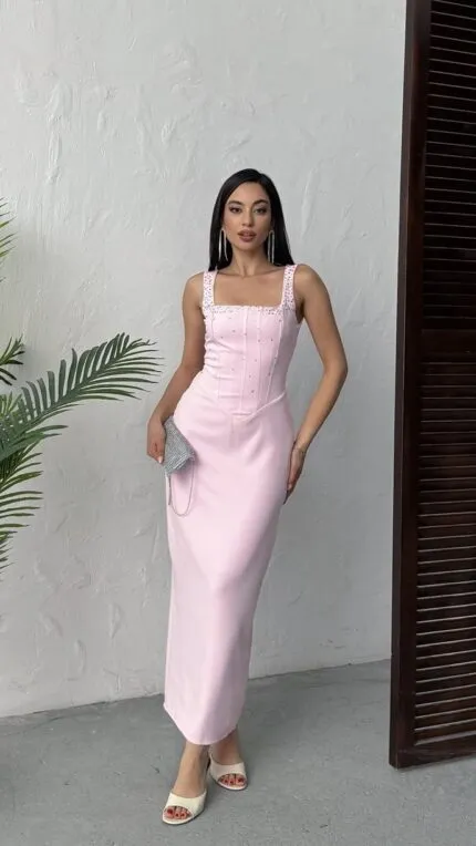 3112 TAŞLI ELBİSE - PEMBE