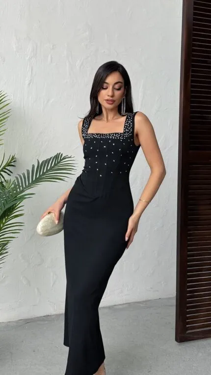 3112 TAŞLI ELBİSE - SİYAH