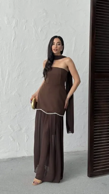3125 ŞİFON ELBİSE - KAHVE
