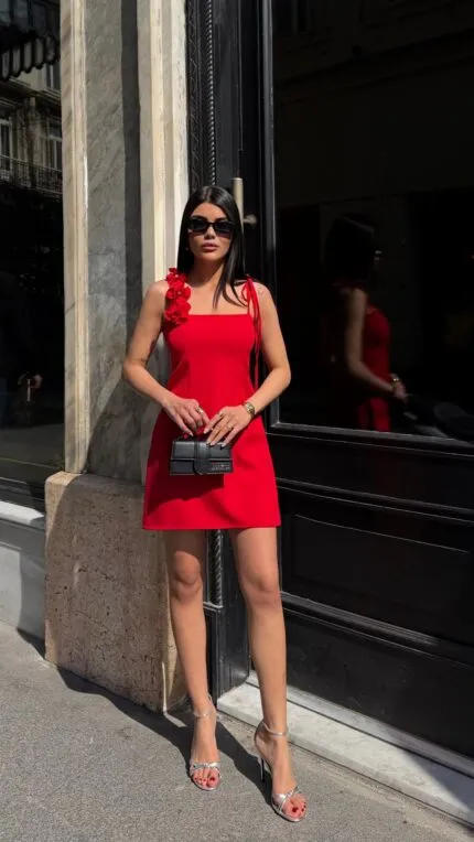 3129 GÜL ASKILI ELBİSE - KIRMIZI