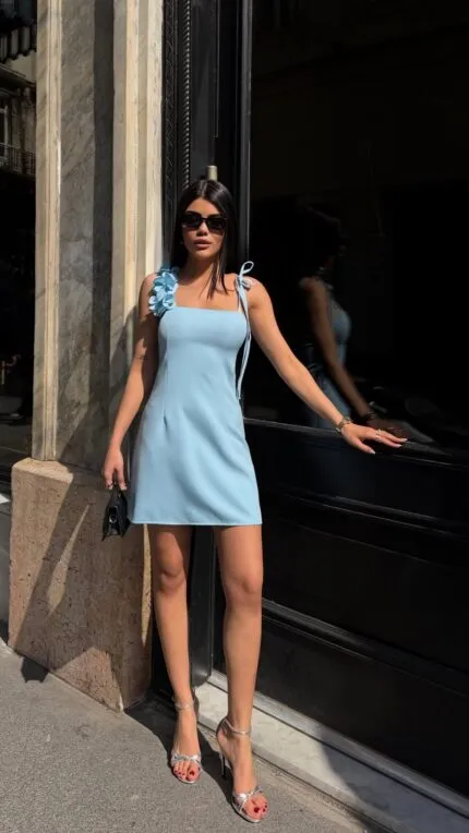 3129 GÜL ASKILI ELBİSE - MAVİ