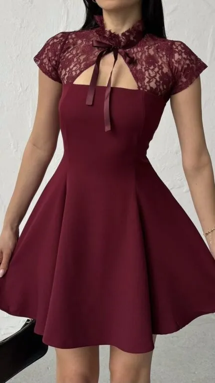 3133 MİNİ DANTELİ ELBİSE - BORDO