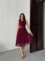 3139 PİLELİ ELBİSE - BORDO
