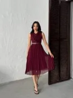 3139 PİLELİ ELBİSE - BORDO