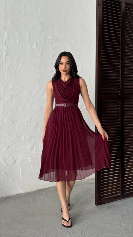 3139 PİLELİ ELBİSE - BORDO