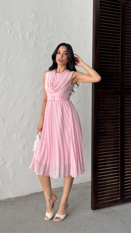 3139 PİLELİ ELBİSE - PEMBE