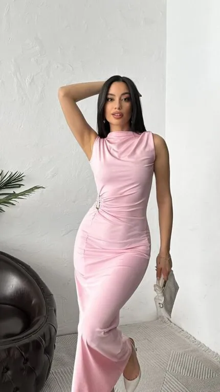 3155 PUANTİYELİ ELBİSE - PEMBE