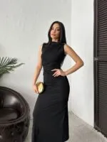 3155 PUANTİYELİ ELBİSE - SİYAH