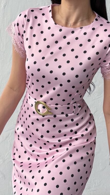 3158 PUANTİYELİ  SATEN  ELBİSE - PEMBE