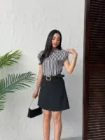 3167 ÇİZGİLİ KEMERLİ ELBİSE - SİYAH