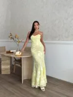 3303 SATEN İNCE ASKILI ELBİSE - SARI